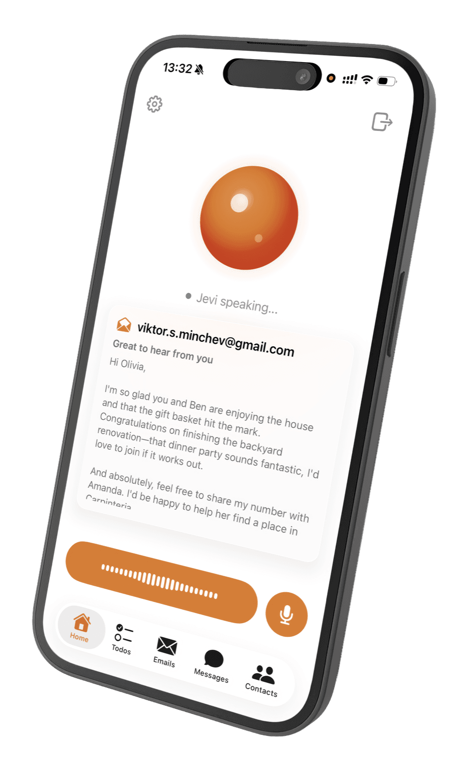 Jevi iPhone app drafting an email by voice